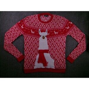 33Degrees Sweater Mens 2XL Red Llama Holiday Ugly Christmas Pullover Knit Scarf